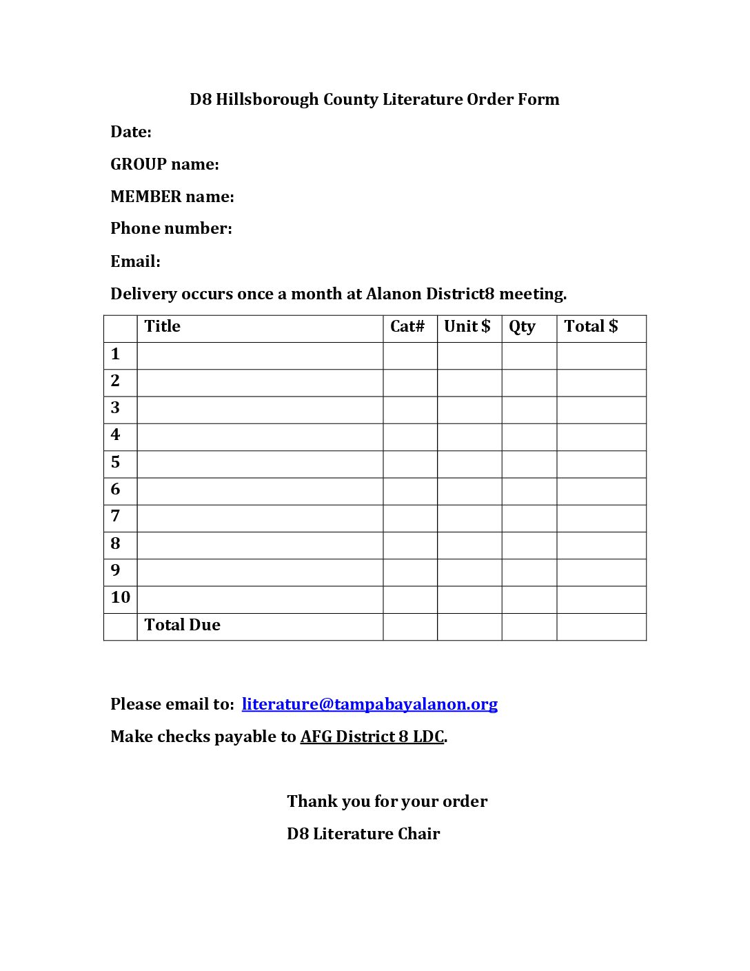 Dictionary Project Order Form Hillsborough County Al-Anon Literature page